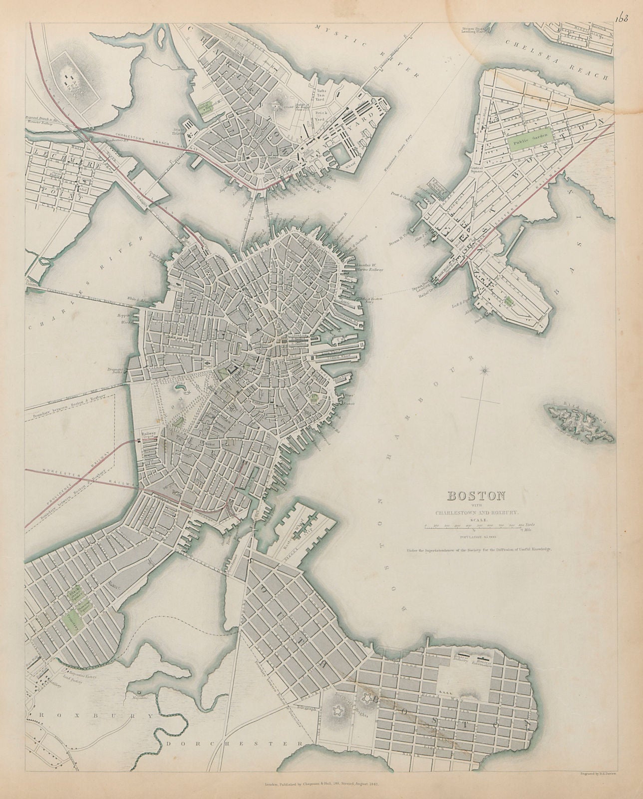 BOSTON WITH CHARLESTOWN AND ROXBURY Antique city town map plan SDUK 1844
